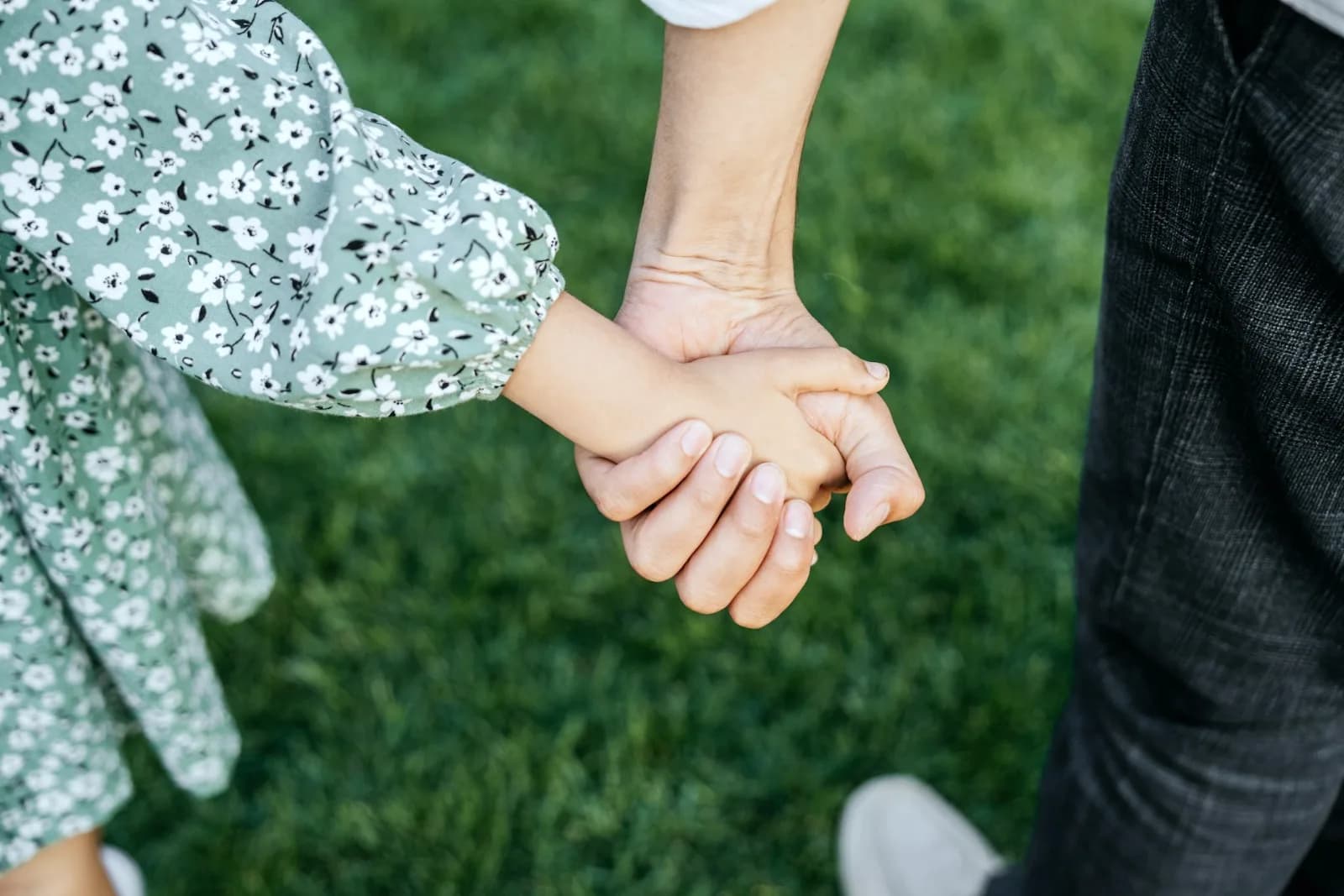 A child's hand held in an adult's hand, outdoors on soft grass
