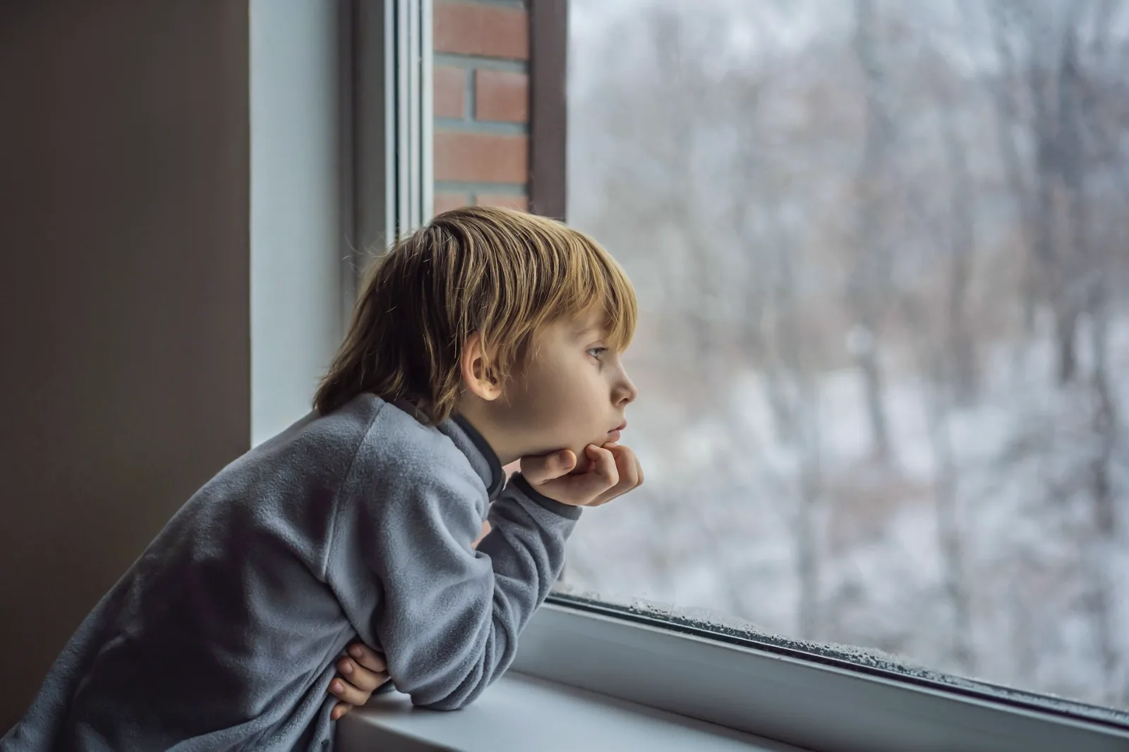 A child resting against a window on a grey winter day